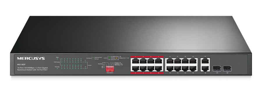 MERCUSYS rackmount switch MS118CP, 16x 10/100Mbps PoE+ & 2x Gigabit θύρες, UN/1.0